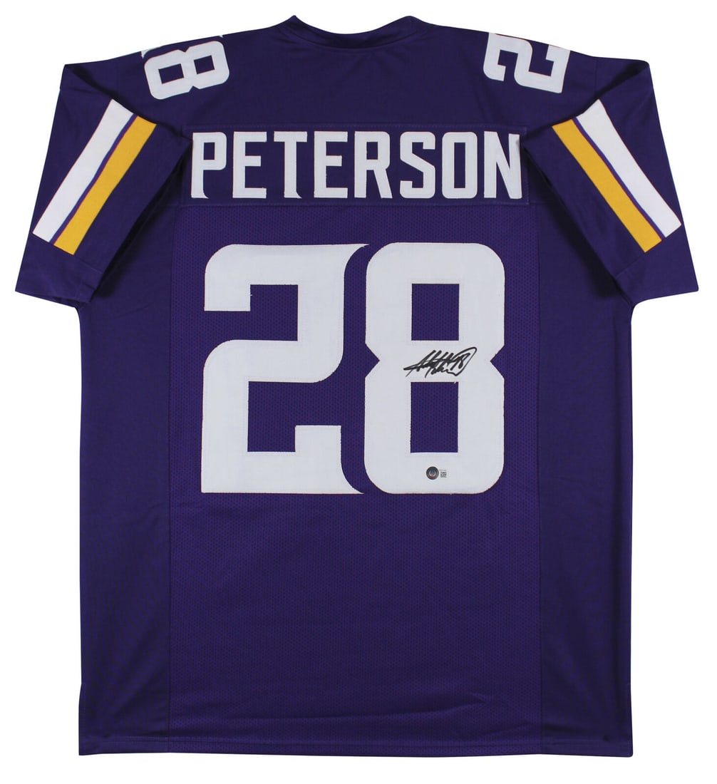 Adrian Peterson Signed Minnesota Vikings Purple Jersey #8 BAS Authentication: Adrian Peterson Signed Minnesota Vikings Purple Jersey #8 BAS Authentication This is an original Adrian Peterson signed purple pro style jersey featuring the player's signature on the #8. Authenticate