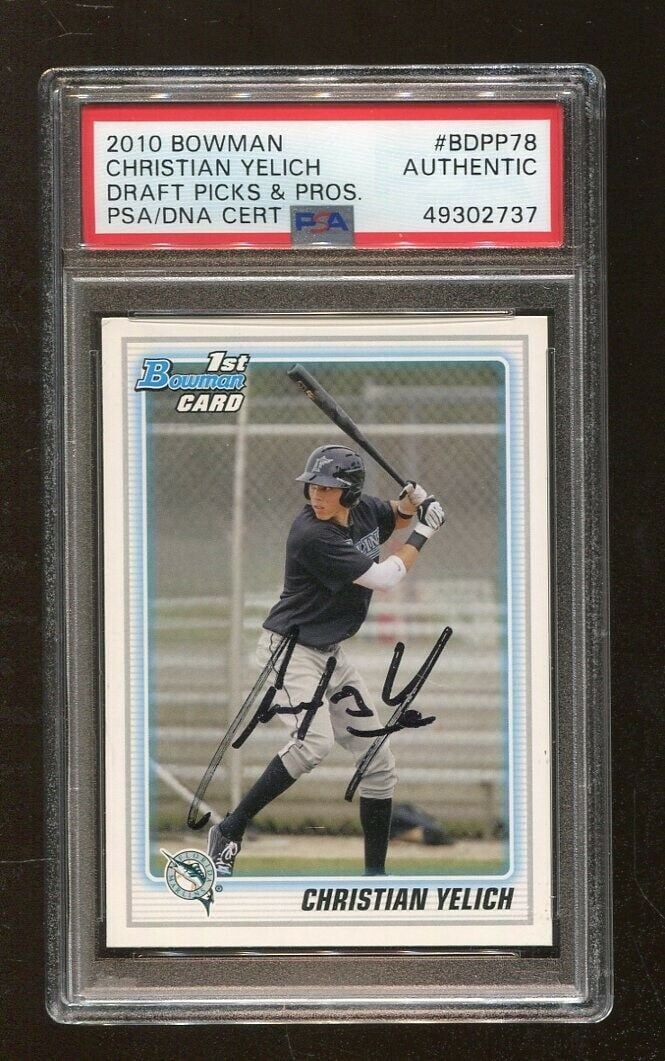 Christian Yelich Signed 2010 Bowman Rookie Card PSA/DNA: Christian Yelich Signed 2010 Bowman Rookie Card PSA/DNA This is an original autographed 2010 Bowman DPP78 rookie baseball card of Christian Yelich, authenticated by PSA/DNA. Ideal for collectors and f