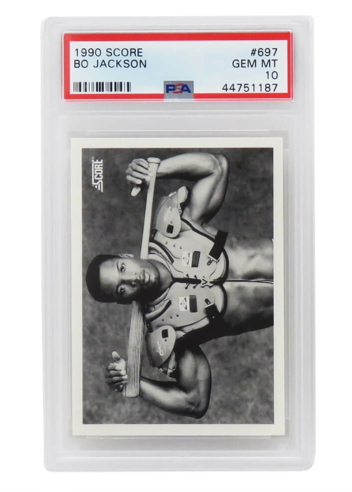 Bo Jackson 1990 Score Baseball Card #697 PSA 10 GEM MINT: Bo Jackson 1990 Score Baseball Card #697 PSA 10 GEM MINT This is a Bo Jackson 1990 Score Baseball Card featuring the athlete in black and white with a bat on his shoulder pads. It is graded 10 by Prof