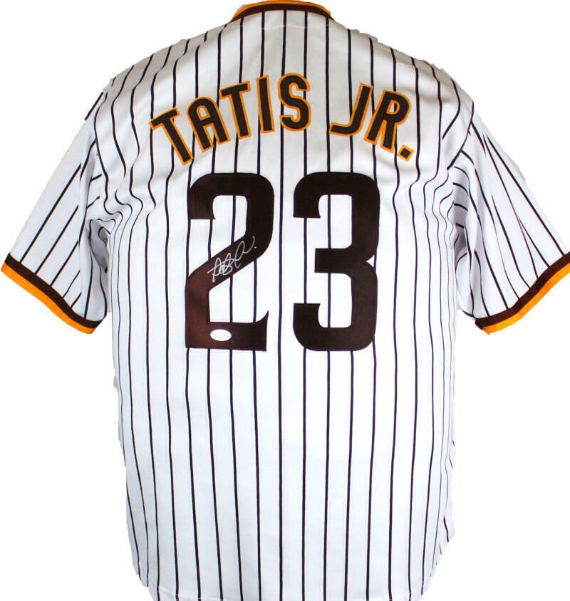 Fernando Tatis Jr. Autographed San Diego Padres Pro Style Jersey: Fernando Tatis Jr. Autographed San Diego Padres Pro Style Jersey This original San Diego Padres pro style jersey is autographed by baseball player Fernando Tatis Jr. The jersey features a stylish pins