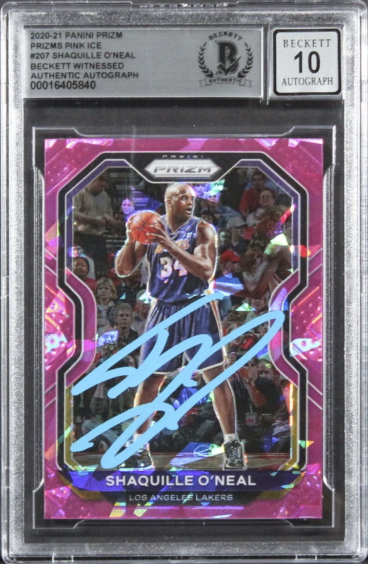 Shaquille ONeal Signed 2020 Panini Prizm Card Auto 10 BAS Los Angeles Lakers: Shaquille ONeal Signed 2020 Panini Prizm Card Auto 10 BAS Los Angeles Lakers This is an original 2020 Panini Prizm trading card featuring Shaquille O'Neal, signed by the legendary player himself. The 