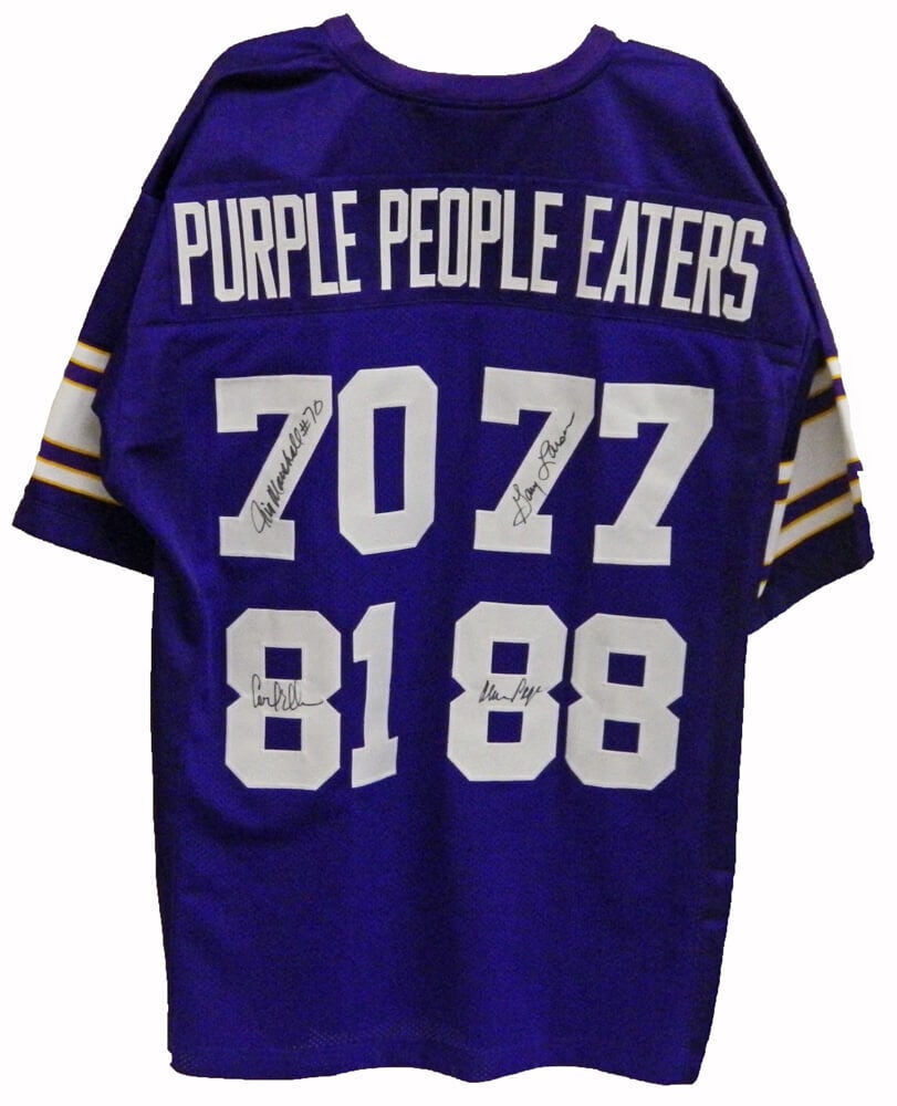 Signed Vikings Purple Throwback Jersey by Schwartz: Signed Vikings Purple Throwback Jersey by Schwartz This is a signed purple throwback jersey representing the Vikings. It is an original item in pristine condition and features multiple accolades inclu