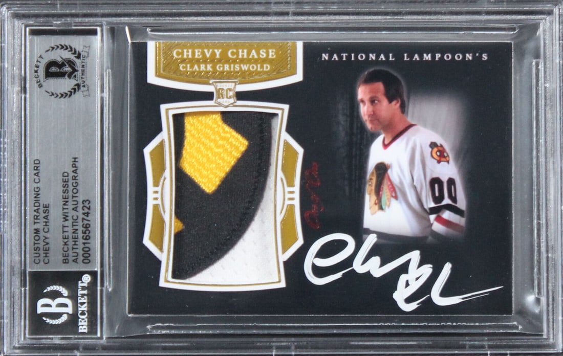 Chevy Chase Christmas Vacation Signed Relic Card One of One: Chevy Chase Christmas Vacation Signed Relic Card One of One This unique Chevy Chase Christmas Vacation signed relic card is a one-of-one collectible, authenticated by Beckett. It features the actor's 