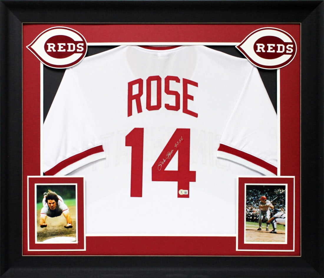 Pete Rose Signed Framed Jersey Cincinnati Reds: Pete Rose Signed Framed Jersey Cincinnati Reds This is an original signed white pro style framed jersey of Pete Rose, featuring his iconic number "4256". Authenticated by Beckett, it is perfect for co