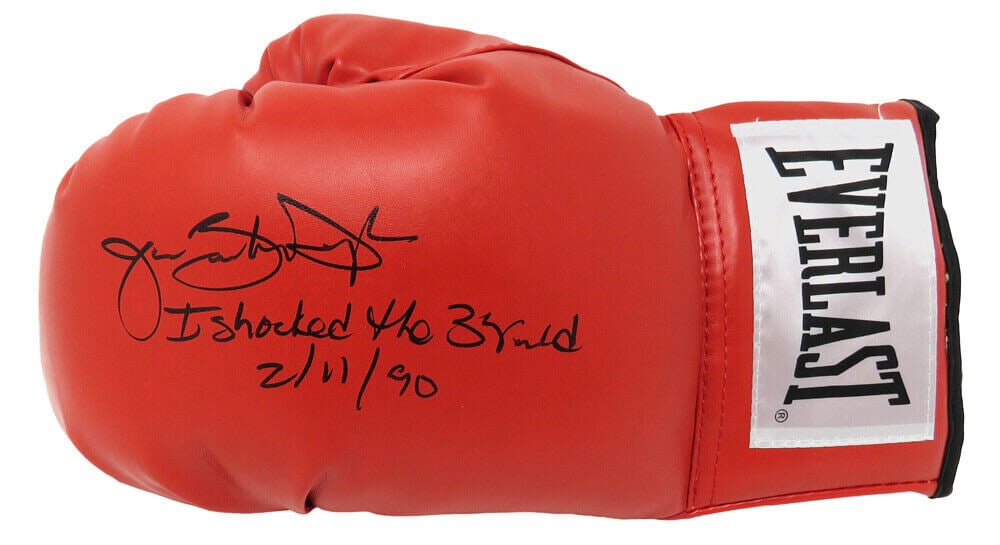 James Buster Douglas Signed Red Boxing Glove Inscribed Shocked The World 2-11-90: James Buster Douglas Signed Red Boxing Glove Inscribed Shocked The World 2-11-90 This original signed red boxing glove is by James Buster Douglas, who famously shocked the world on February 11, 1990, 