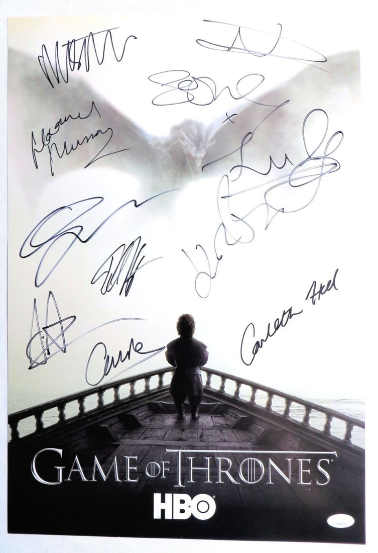 Game of Thrones Cast Autographed Poster with 11 Signatures: Game of Thrones Cast Autographed Poster with 11 Signatures This original Game of Thrones cast poster features 11 autographs, including signatures from Sophie Turner, John Bradley, and Conleth Hill. Au