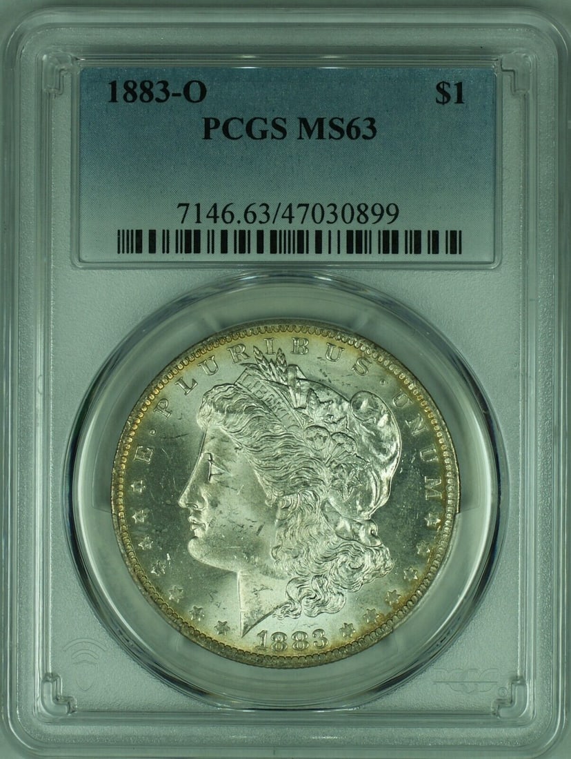 1883-O Morgan Silver Dollar Coin PCGS MS-63 Uncirculated: 1883-O Morgan Silver Dollar Coin PCGS MS-63 Uncirculated This 1883-O Morgan Silver Dollar Coin is certified by PCGS with a grade of MS 63, ensuring its high quality. The coin is uncirculated and featu