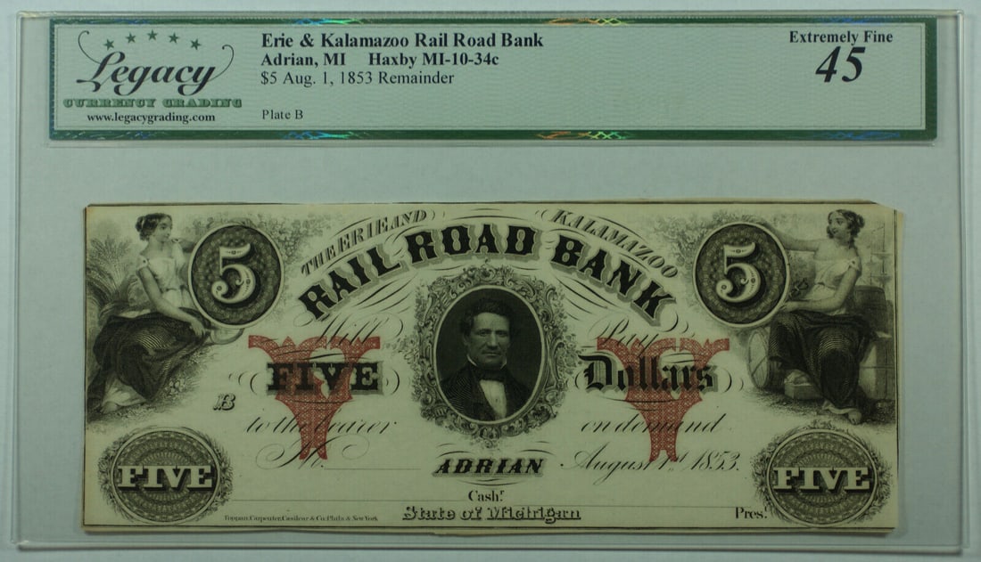 1853 $5 Erie & Kalamazoo Rail Road Bank Adrian MI Legacy XF-45: 1853 $5 Erie & Kalamazoo Rail Road Bank Adrian MI Legacy XF-45 An 1853 $5 note from the Erie & Kalamazoo Rail Road Bank in Adrian, MI. This piece is graded Legacy XF-45 by Legacy Currency Grading, ind