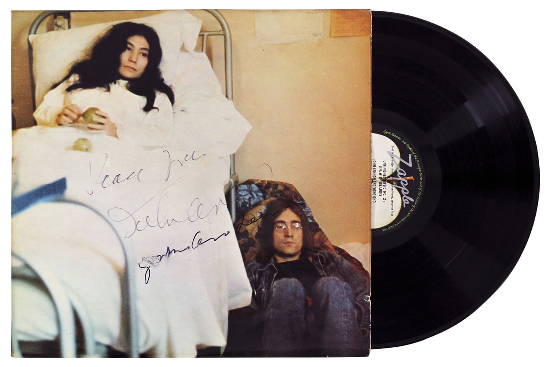 John Lennon Yoko Ono Signed Album Cover Vinyl: John Lennon Yoko Ono Signed Album Cover Vinyl This is an original signed album cover featuring John Lennon and Yoko Ono, accompanied by the vinyl record. The authenticity of the signatures is verified