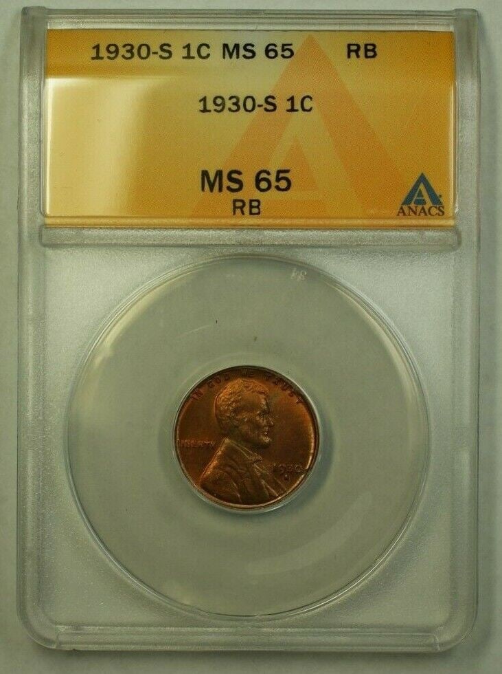 1930-S Lincoln Wheat Cent 1c ANACS MS-65 RB: 1930-S Lincoln Wheat Cent 1c ANACS MS-65 RB This 1930-S Lincoln Wheat Cent, certified by ANACS, is graded MS 65 RB. Minted in San Francisco, it features a copper composition. A significant addition fo