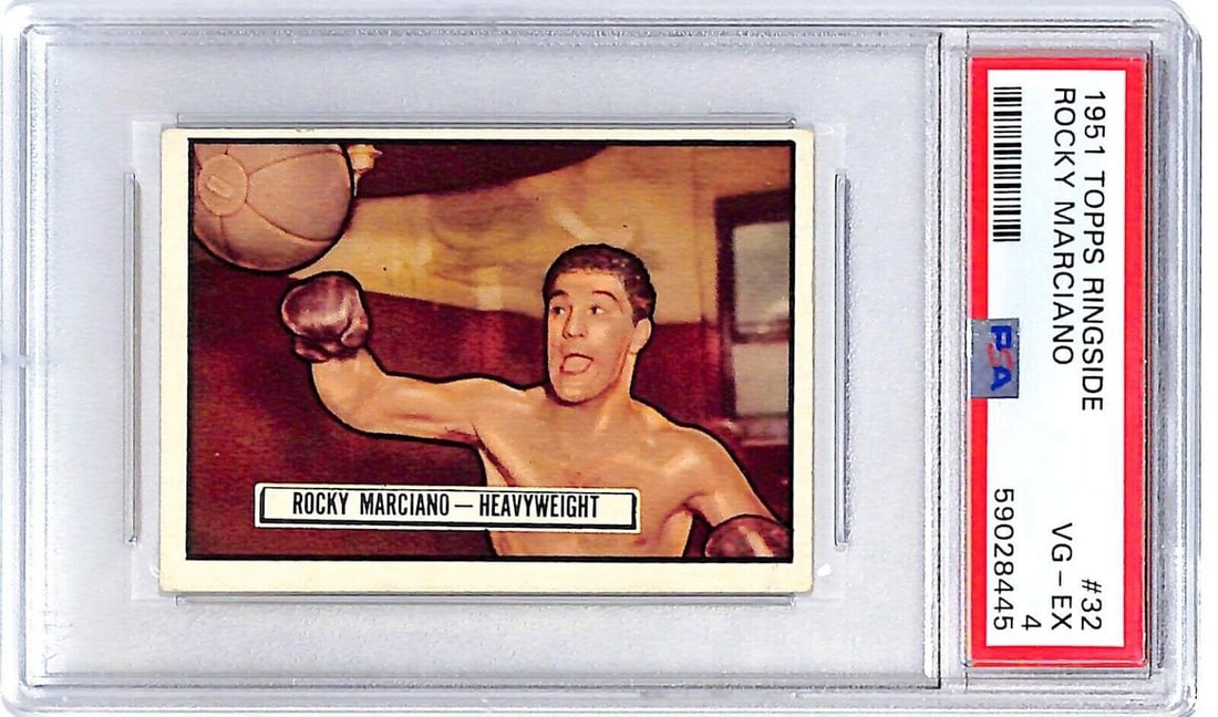 1951 Topps Ringside Boxing Rocky Marciano Rookie Card PSA 4: 1951 Topps Ringside Boxing Rocky Marciano Rookie Card PSA 4 This is a 1951 Topps Ringside Rocky Marciano rookie trading card, professionally graded PSA 4. An original vintage card from the renowned To