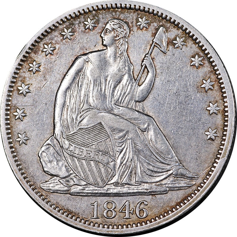 1846-P Seated Half Dollar Tall Date Nice XF AU Silver Coin: 1846-P Seated Half Dollar Tall Date Nice XF AU Silver Coin This 1846-P Seated Half Dollar features the 'Tall Date' design, showcasing nice eye appeal and a strong strike. Minted in Philadelphia, this 