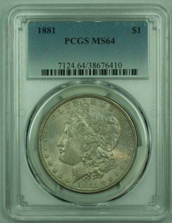 1881 Morgan Silver Dollar PCGS MS64 Uncirculated Coin: 1881 Morgan Silver Dollar PCGS MS64 Uncirculated Coin This 1881 Morgan Silver Dollar, graded MS 64 by PCGS, is an uncirculated piece with a composition of 90% silver. Minted in Philadelphia, this coin