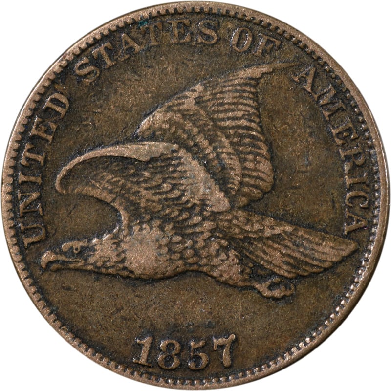 1857 Flying Eagle Cent Copper Coin: 1857 Flying Eagle Cent Copper Coin This 1857 Flying Eagle Cent is a circulated copper coin featuring the iconic flying eagle design. Ideal for collectors and enthusiasts of historical currency. Specif
