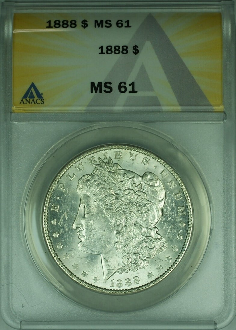 1888 Morgan Silver Dollar ANACS MS61 Uncirculated Coin: 1888 Morgan Silver Dollar ANACS MS61 Uncirculated Coin This uncirculated 1888 Morgan Silver Dollar, certified by ANACS with a grade of MS 61, features the iconic Morgan design minted in Philadelphia. 