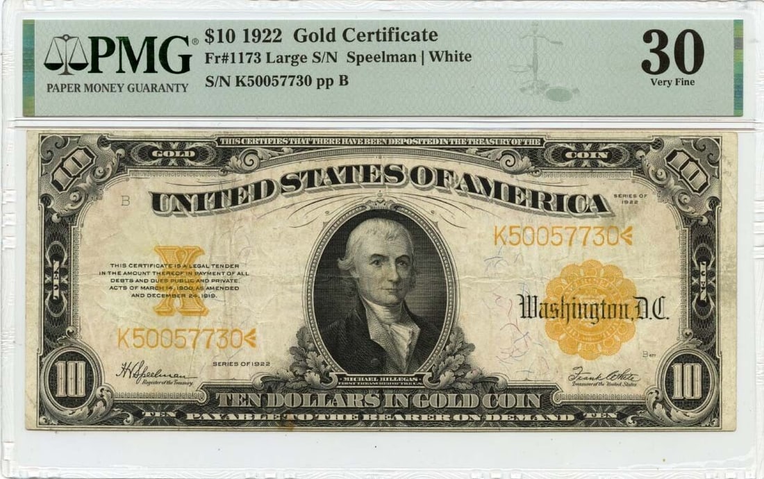 1922 $10 Gold Certificate PMG VF30 Circulated Note: 1922 $10 Gold Certificate PMG VF30 Circulated Note This 1922 $10 Gold Certificate features the portrait of George Washington, primarily in beige with gold accents. Certified by PMG with a grade of VF3