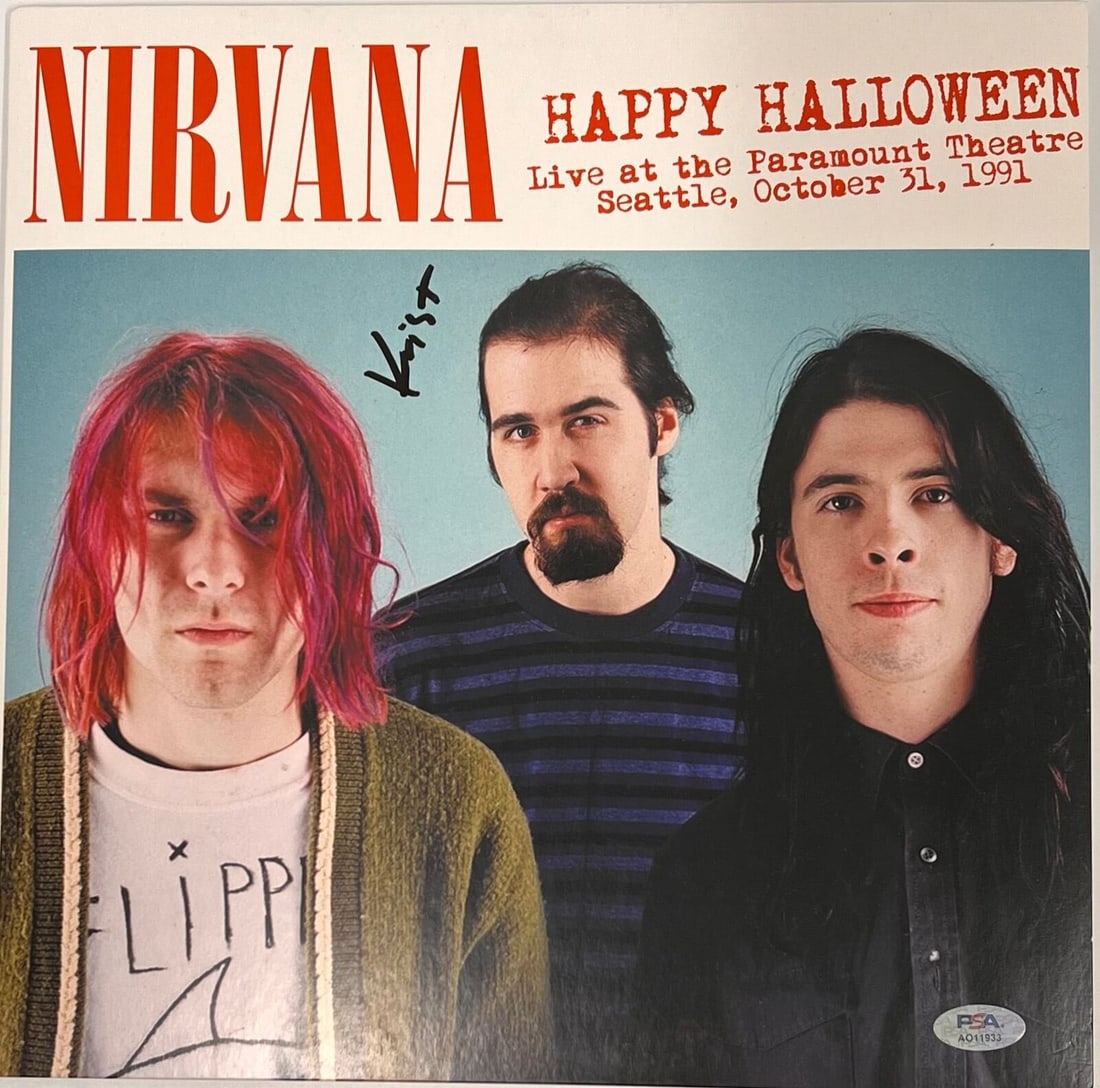 Nirvana Vinyl Album Signed by Krist Novoselic with PSA/DNA Certification: Nirvana Vinyl Album Signed by Krist Novoselic with PSA/DNA Certification This original Nirvana vinyl album is autographed by bass guitarist Krist Novoselic, featuring a unique Halloween theme. The sig