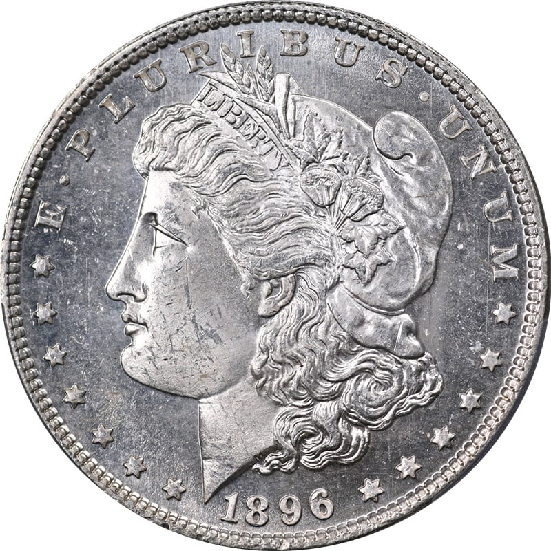 1896 Morgan Silver Dollar PCGS MS63 PL Philadelphia Mint: 1896 Morgan Silver Dollar PCGS MS63 PL Philadelphia Mint This 1896 Morgan Silver Dollar, graded PCGS MS63 PL, showcases superb eye appeal with its blast white finish. It is an uncirculated coin minted
