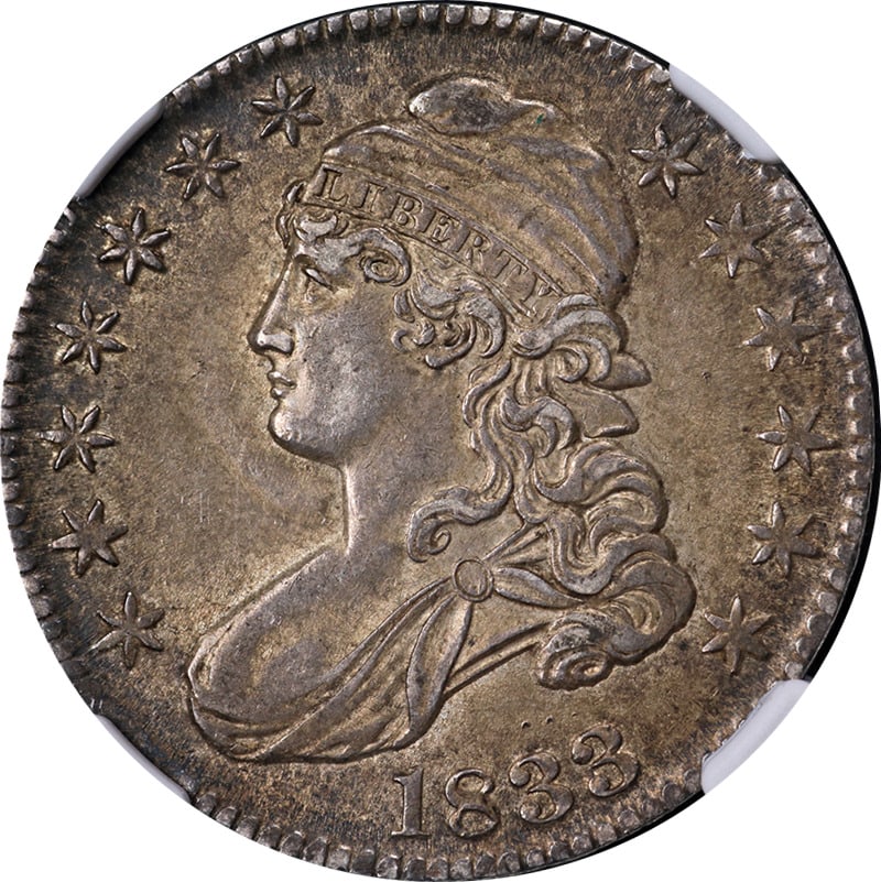 1833 Bust Half Dollar NGC AU58 Silver Coin Strong Strike: 1833 Bust Half Dollar NGC AU58 Silver Coin Strong Strike This 1833 Bust Half Dollar is certified by NGC with a grade of AU58, featuring a strong strike and nice eye appeal. Made of 90% silver, this ci