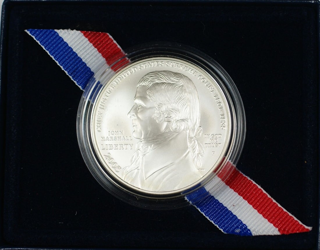 2005 John Marshall Commemorative Uncirculated Silver Dollar Coin with Box and COA: 2005 John Marshall Commemorative Uncirculated Silver Dollar Coin with Box and COA This 2005 John Marshall Commemorative Coin features a striking design honoring the Chief Justice of the United States.