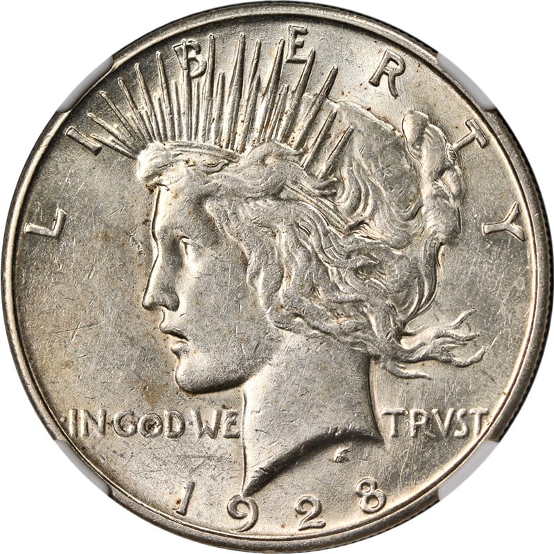 1928-S Peace Dollar NGC AU58 Silver Coin: 1928-S Peace Dollar NGC AU58 Silver Coin This 1928-S Peace Dollar is certified by NGC with a grade of AU58, showcasing nice eye appeal and a striking finish. Minted in San Francisco, this silver coin 