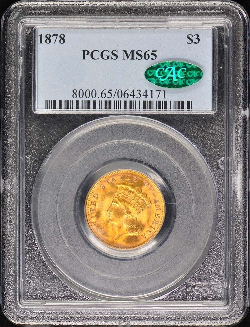 1878 Uncirculated Three Dollar Coin PCGS MS65 CAC Certified: 1878 Uncirculated Three Dollar Coin PCGS MS65 CAC Certified This 1878 Three Dollar gold coin features a portrait of Lady Liberty on the obverse and the inscription 'United States of America' on the re