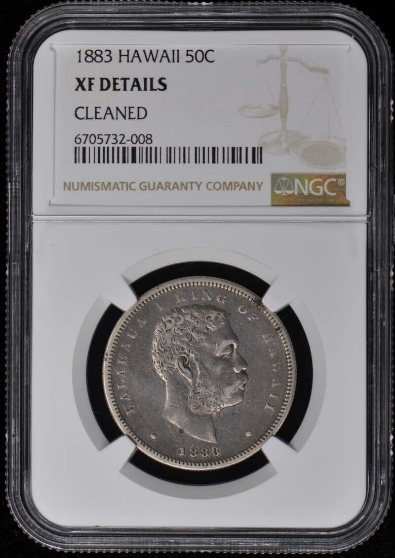 1883 Hawaii 50 Cent Coin NGC XF Details Uncirculated: 1883 Hawaii 50 Cent Coin NGC XF Details Uncirculated This 1883 Hawaii 50 cent coin is certified by NGC with the grade of XF Details. The coin features a profile of King Kamehameha V on the obverse sid