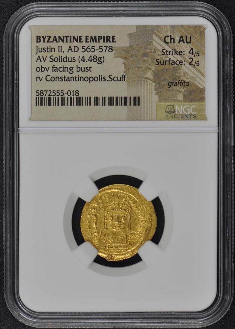 Byzantine Empire Gold Solidus Coin of Justin II, NGC AU55 Certified: Byzantine Empire Gold Solidus Coin of Justin II, NGC AU55 Certified This Byzantine Empire coin, known as an AV Solidus, dates to the reign of Justin II (AD 565-578). It features a facing bust of the e