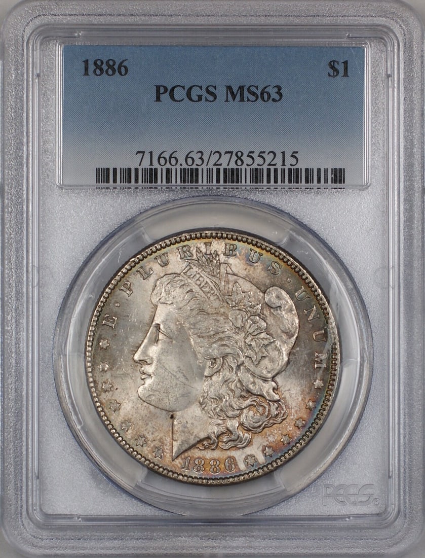 1886 Morgan Silver Dollar Coin PCGS MS63 Uncirculated Philadelphia Mint: 1886 Morgan Silver Dollar Coin PCGS MS63 Uncirculated Philadelphia Mint This 1886 Morgan Silver Dollar features a grade of MS 63 from PCGS, indicating it is uncirculated. Struck at the Philadelphia Mi
