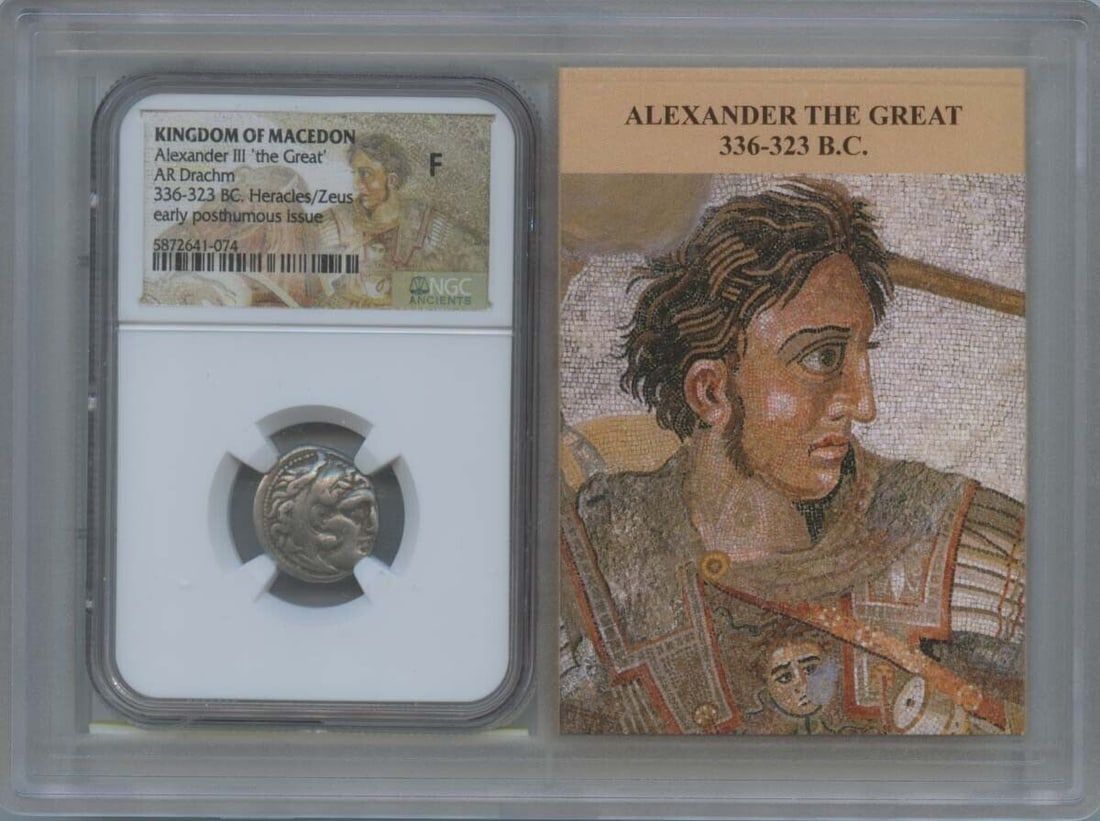 Alexander III The Great Ancient Greek Drachm Coin NGC F12 Graded Collectible: Alexander III The Great Ancient Greek Drachm Coin NGC F12 Graded Collectible This ancient Greek drachm features a depiction of Alexander the Great on one side and Zeus on the reverse side. The coin is