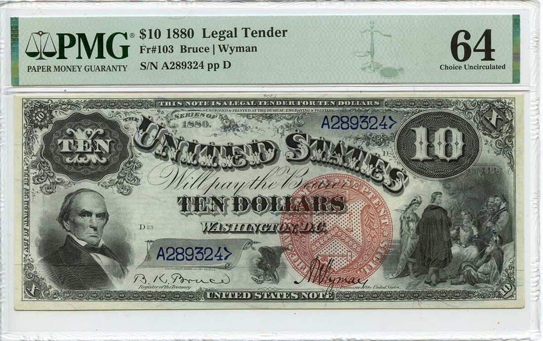 1880 $10 Legal Tender Note PMG MS64 Bruce Wyman Fr# 103: 1880 $10 Legal Tender Note PMG MS64 Bruce Wyman Fr# 103 This 1880 $10 Legal Tender note features portraits of Robert Morris and George Washington. Graded as PMG MS64, it includes a large red circular