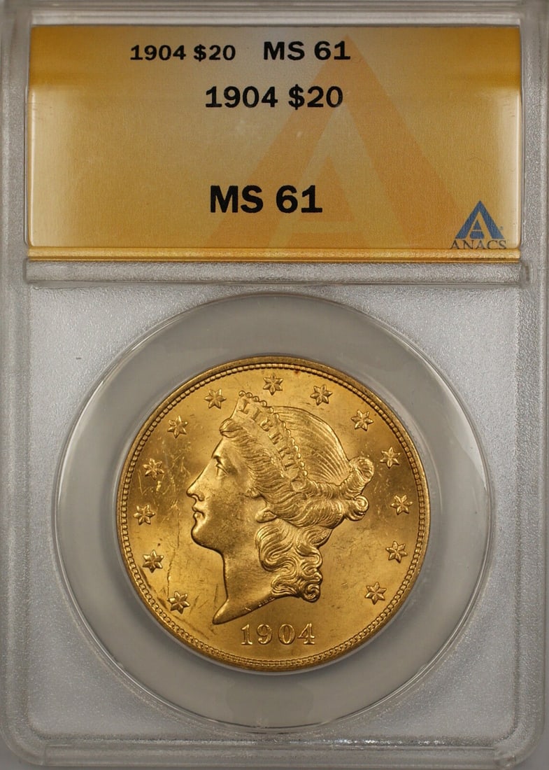 1904 Uncirculated $20 Liberty Double Eagle Gold Coin ANACS MS-61 Philadelphia: 1904 Uncirculated $20 Liberty Double Eagle Gold Coin ANACS MS-61 Philadelphia This 1904 $20 Liberty Double Eagle Gold Coin is certified by ANACS with a grade of MS-61. Minted in Philadelphia, this unc