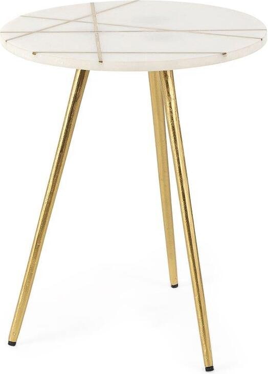 Vivienne White Marble With Antique Gold Metal Round Small Side Table: Vivienne White Marble With Antique Gold Metal Round Small Side Table This table measures 18.0L x 18.0W x 23.0H.?This round side table features a clean, iron frame beneath a thick, marble top - a simpl