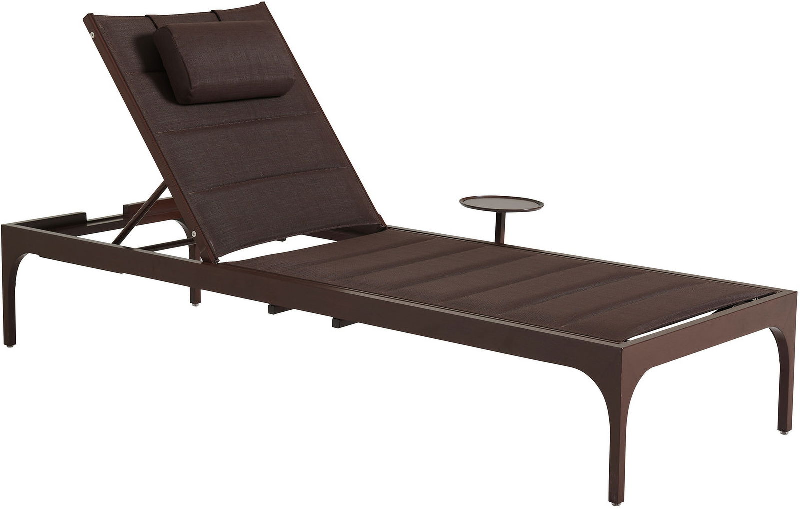 Abaco Chaise: Abaco Chaise The chaise lounge offers a soft contemporary design with a hand-finished aluminum frame emulates the look of English walnut, with fabric 1105-71, a dark mocha contemporary sling material