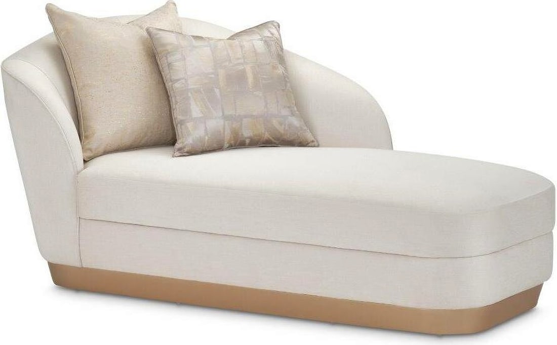 La Rachelle Chaise In Icicle and Champagne: La Rachelle Chaise In Icicle and Champagne The La Rachelle Chaise is made to look and feel luxurious. Enjoy the fabric's champagneshine and soft touch, and sink into the comfortable cushions when you'