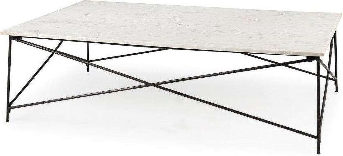 Lorlei I White Marble Top With X-Shaped Antique Gold Iron Base Coffee Table: Lorlei I White Marble Top With X-Shaped Antique Gold Iron Base Coffee Table The Lorlei measures 59.0" long by 35.0" wide by 15.5" high. This coffee table has a crisscrossing iron base that supports it
