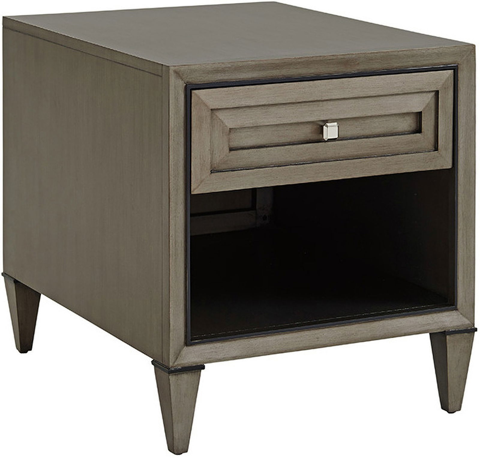 Ariana Verona Rectangular 1 Drawer End Table: Ariana Verona Rectangular 1 Drawer End Table This end table offers a full-extension self-closing drawer with silver gray interior with a storage shelf below. The beveled face frame and top of the tape
