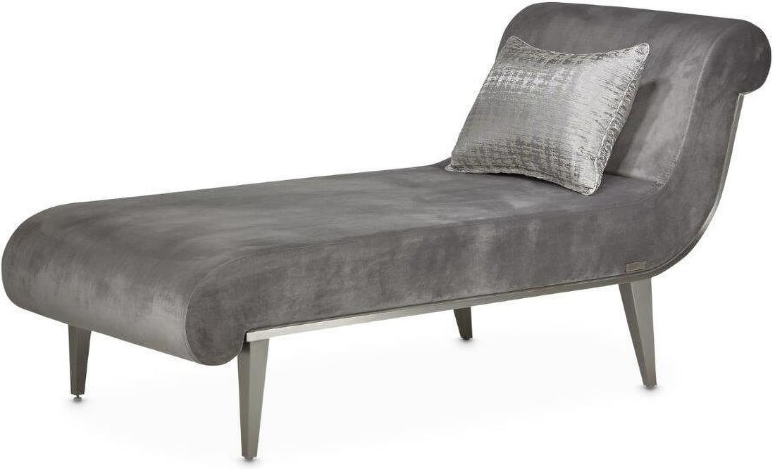 Roxbury Park Velvet Chaise In Gray Pearl/Stainless Steel: Roxbury Park Velvet Chaise In Gray Pearl/Stainless Steel Clean, classy and comfortable. The Roxbury Park Chaise is the picture of sophisticated relaxation, with soft gray velvet and a stainless steel