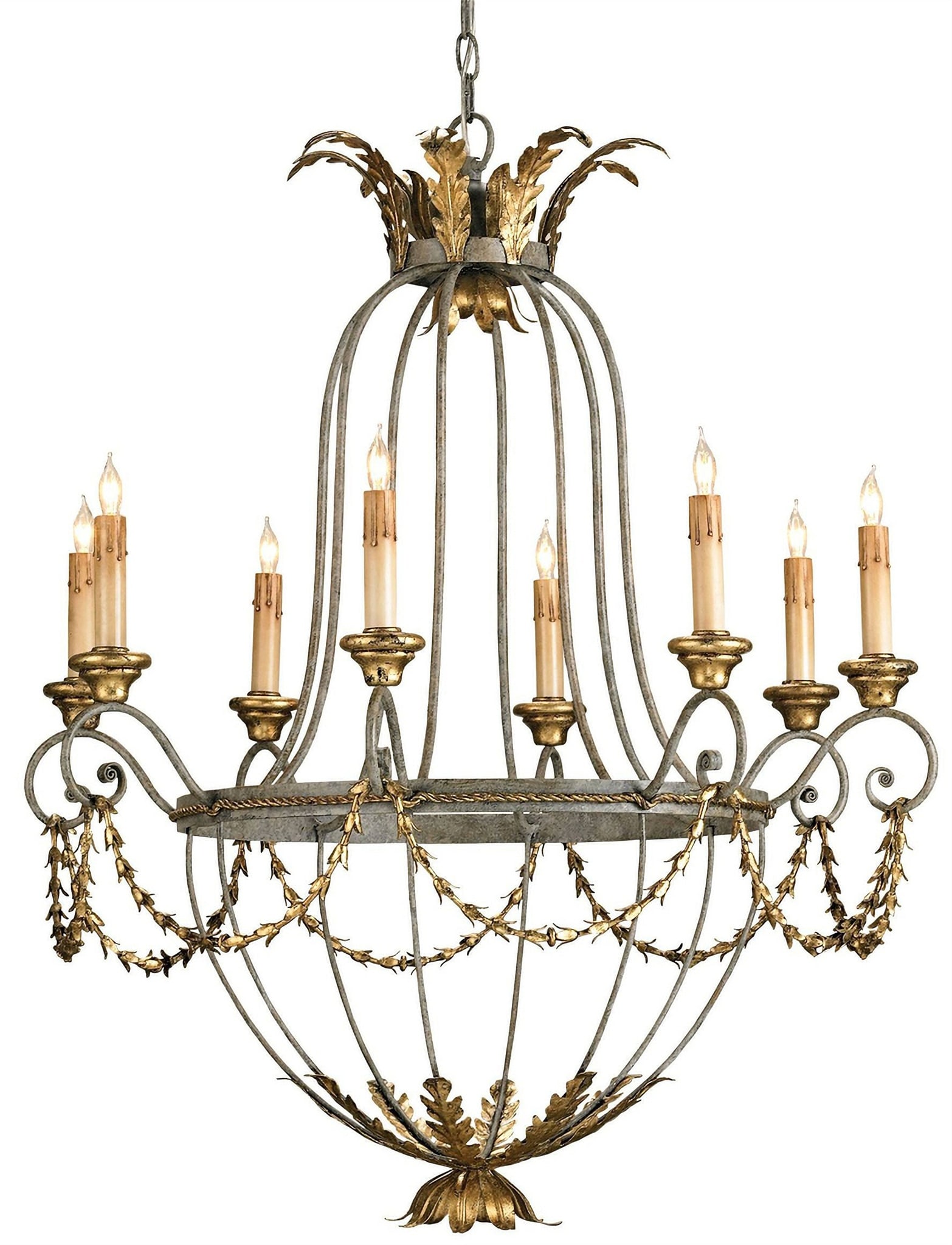 Elegance Chandelier In Gold: Elegance Chandelier In Gold The Elegance Chandelier Is Embellished With Acanthus Leaf And Rope Motifs, And Flounces Of Budlike Cords. Some Elements Are Subtle In Our Matte Etruscan Finish While Others
