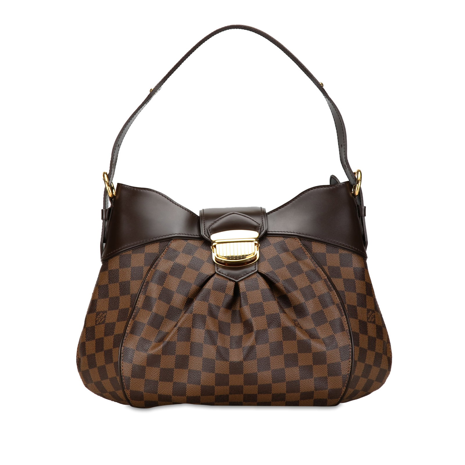 Louis Vuitton Damier Ebene Sistina MM Shoulder Bag in Brown Canvas: Louis Vuitton Damier Ebene Sistina MM Shoulder Bag in Brown Canvas The Sistina MM features a damier ebene canvas body with leather trim, a flat leather strap, a front strap with push lock closure, a z