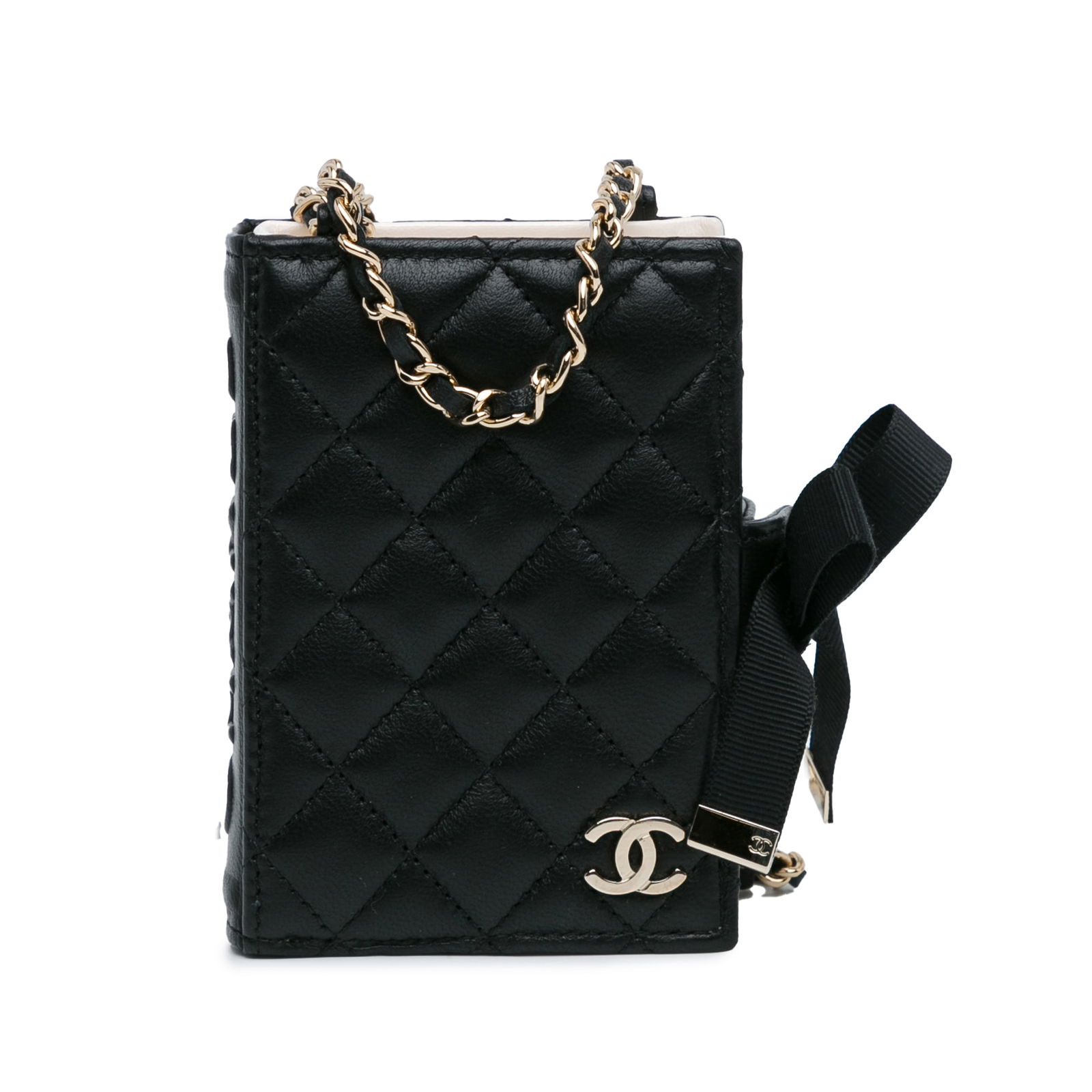 Chanel Black Quilted Lambskin Crossbody Bag with Leather-Woven Chain: Chanel Black Quilted Lambskin Crossbody Bag with Leather-Woven Chain This Chanel crossbody bag features a quilted lambskin leather body, a leather-woven chain strap, a snap button closure, and interio