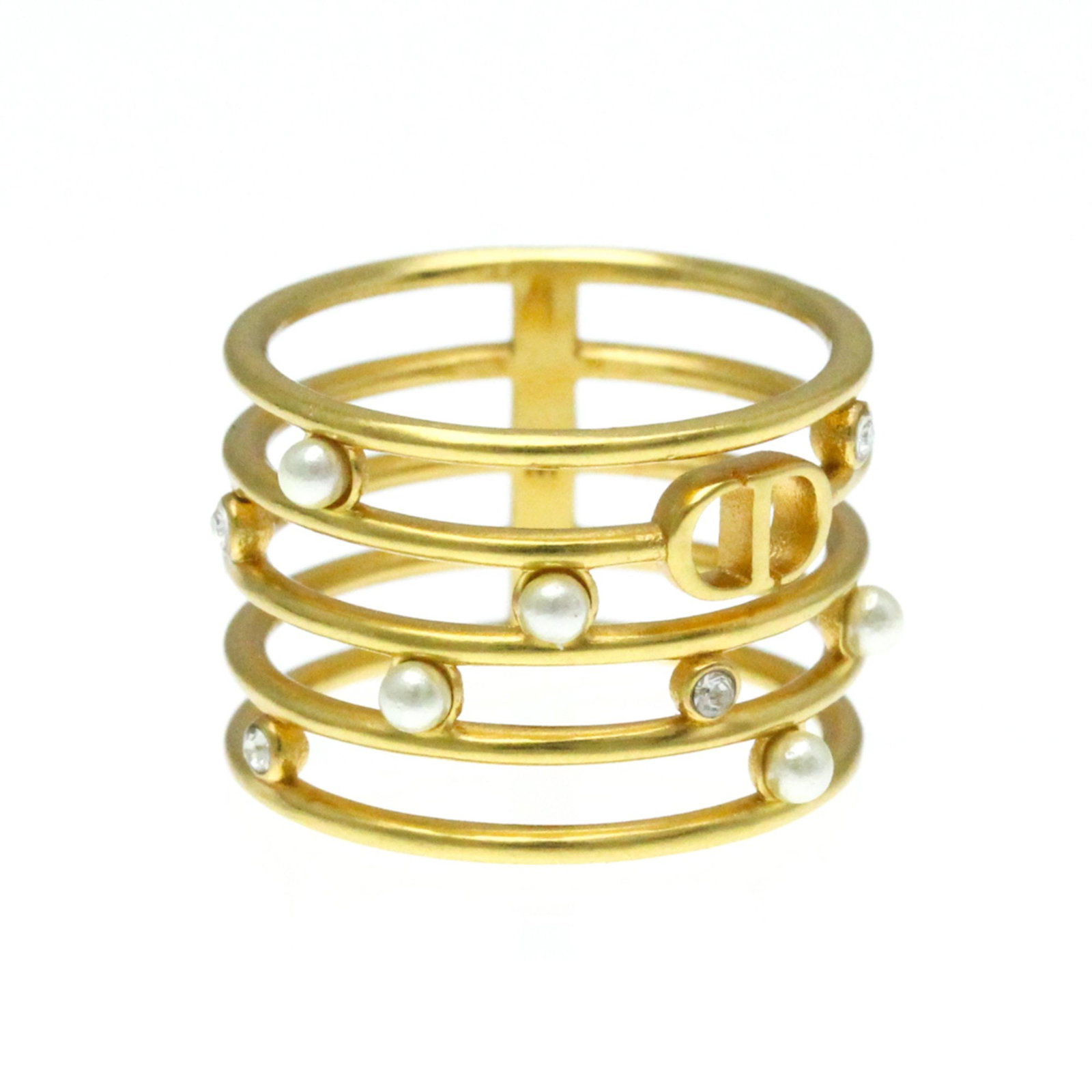 Christian Dior CD Ring Gold Metal Band Ring with Artificial Pearl and Rhinestone: Christian Dior CD Ring Gold Metal Band Ring with Artificial Pearl and Rhinestone This Christian Dior CD Ring is a stylish gold metal band ring suitable for both men and women. It features artificial p