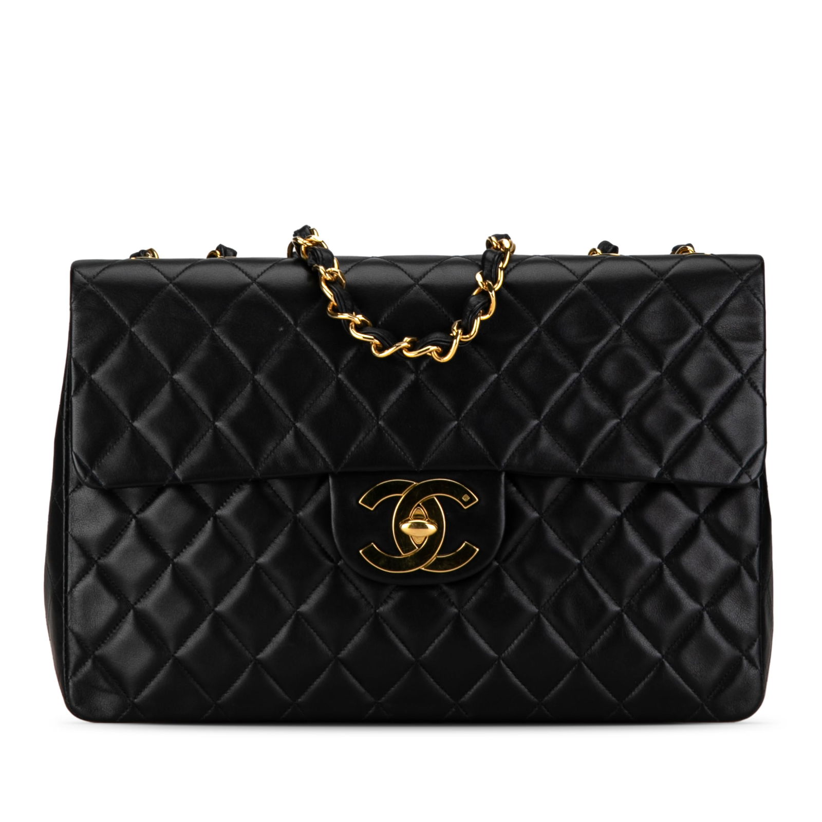 Chanel Maxi XL Classic Black Lambskin Single Flap Shoulder Bag: Chanel Maxi XL Classic Black Lambskin Single Flap Shoulder Bag This Chanel shoulder bag features a quilted lambskin body with leather woven chain straps, a front flap adorned with interlocking Cs, and