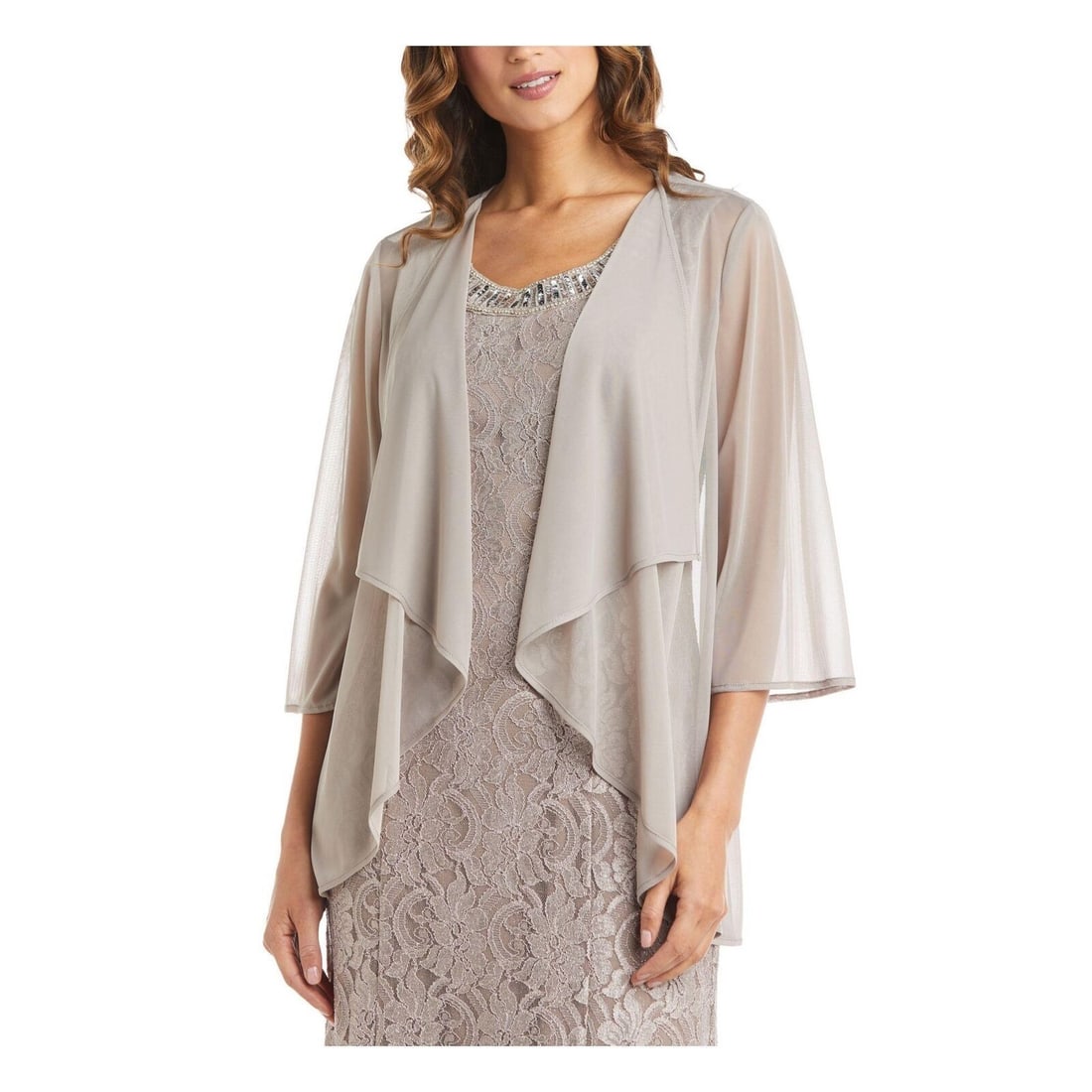 R M Richards Champagne Sheer Open Front Draped Jacket Women's Size 8: R M Richards Champagne Sheer Open Front Draped Jacket Women's Size 8 This R M Richards draped jacket features a soft champagne color and an open front design. Crafted from lightweight polyester, it of