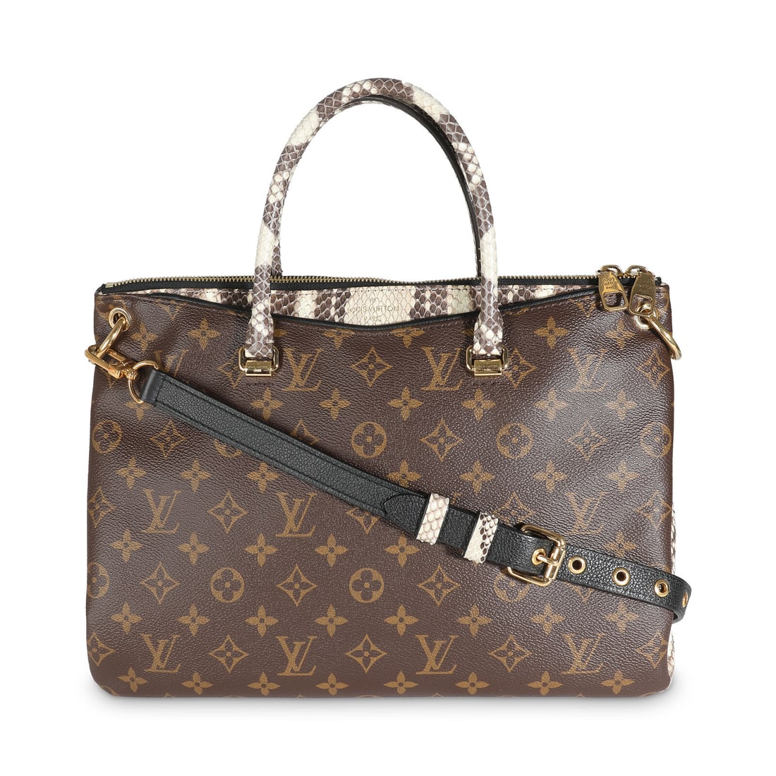 Louis Vuitton Pallas Python Monogram Canvas Shoulder Bag 13.5in Beige Brown: Louis Vuitton Pallas Python Monogram Canvas Shoulder Bag 13.5in Beige Brown This Louis Vuitton Pallas shoulder bag showcases a stunning python monogram canvas design. It features a zip-top closure, br