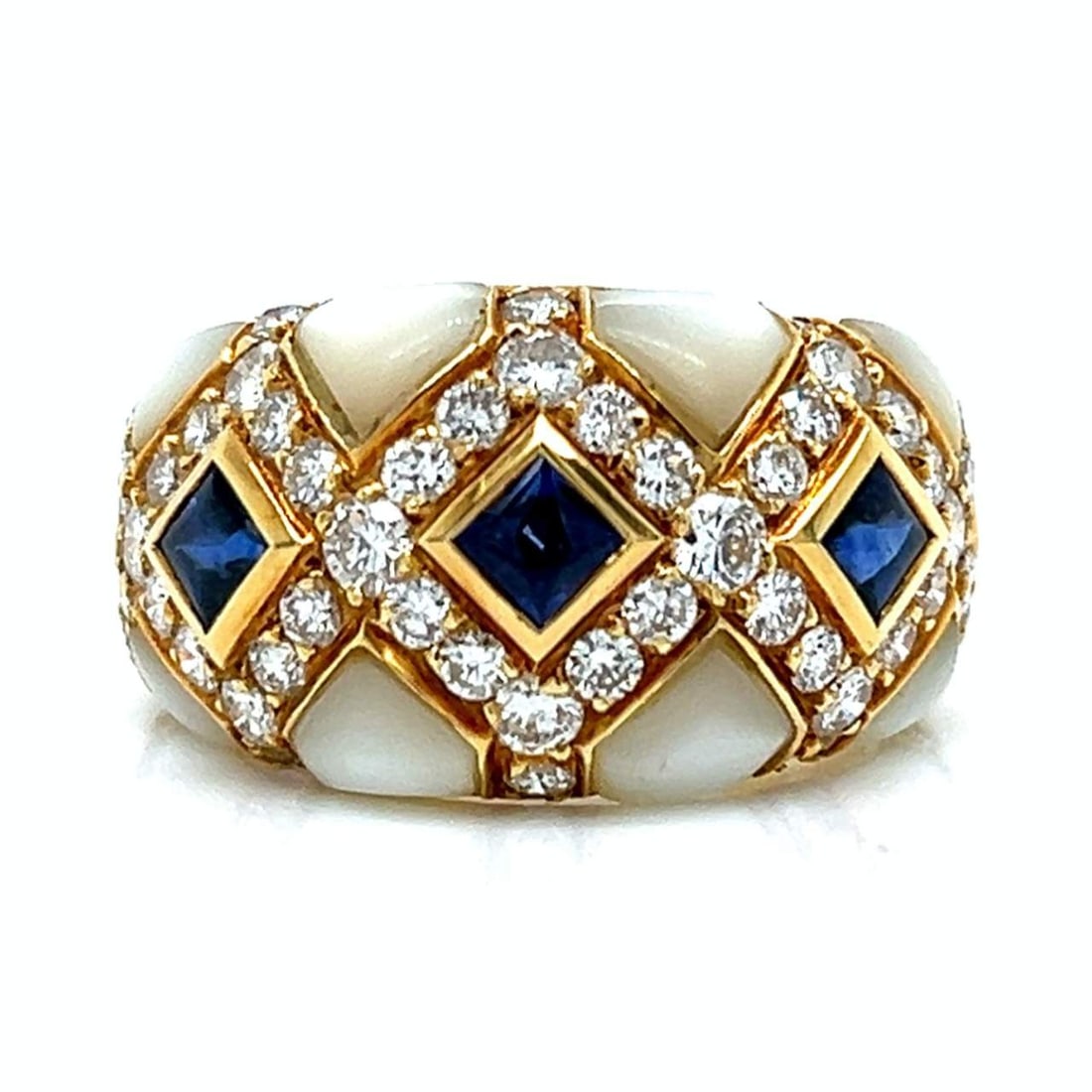 French 18K Yellow Gold Diamond and Sapphire Ring with 52 Diamonds and 3 Sapphires: French 18K Yellow Gold Diamond and Sapphire Ring with 52 Diamonds and 3 Sapphires Stone Type: Diamonds and Sapphires. Metal Type: 18K. Metal Color: Yellow. Other: Signed. Weighing 7.3 grams. Set with 
