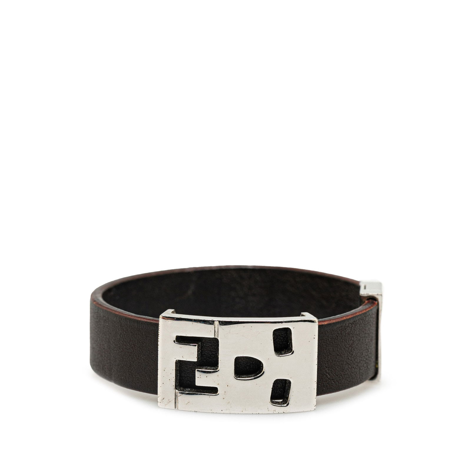 Fendi Brown Leather Bracelet with Silver-Tone Hardware: Fendi Brown Leather Bracelet with Silver-Tone Hardware This Fendi leather bracelet showcases a brown leather body adorned with silver-tone hardware and features a secure push lock closure. Crafted in