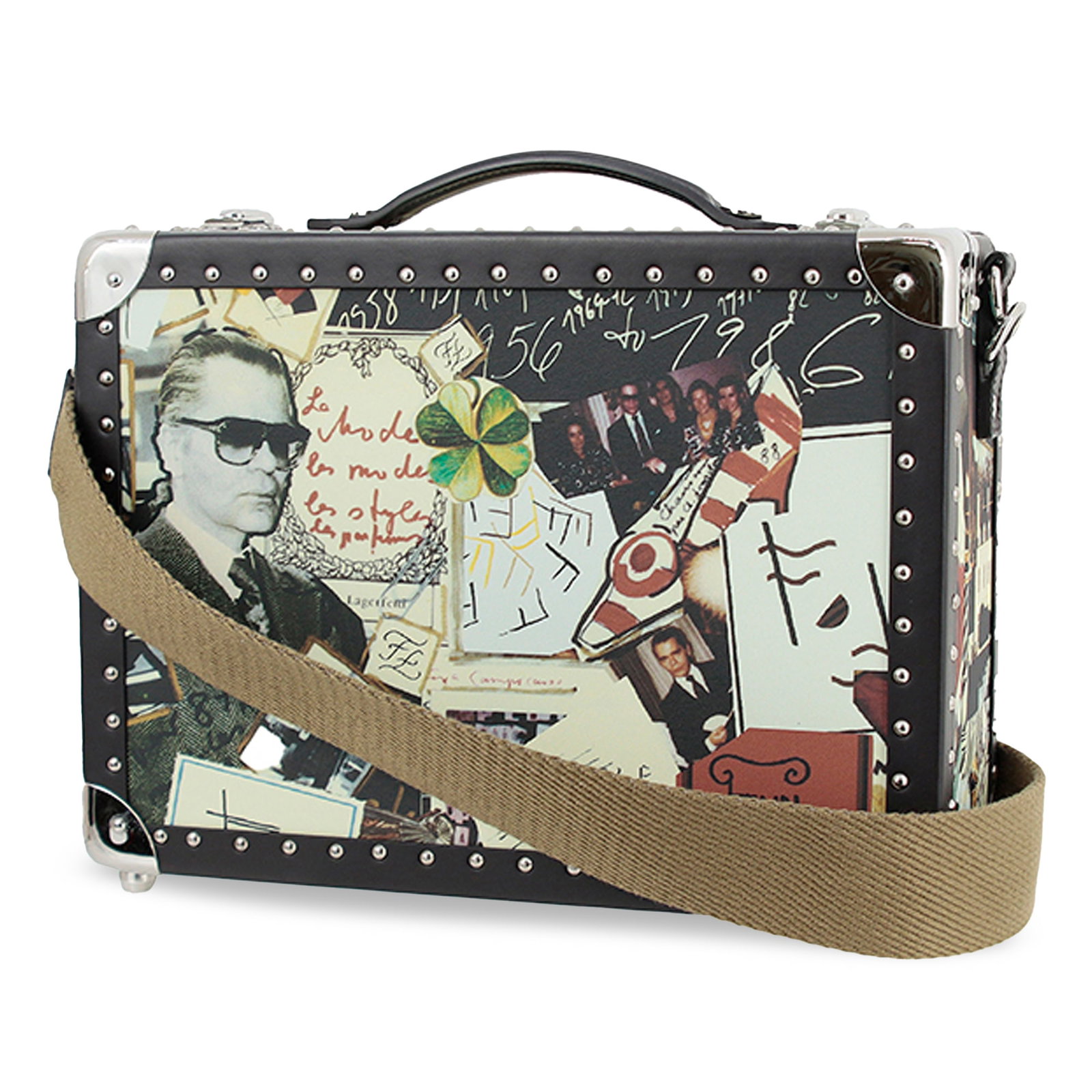 Fendi Medium Karl Collage Trunk Case: Fendi Medium Karl Collage Trunk Case This Fendi Medium Karl Collage Trunk Case features a printed coated canvas body with leather trim, a flat leather top handle, and a detachable flat strap. It inclu