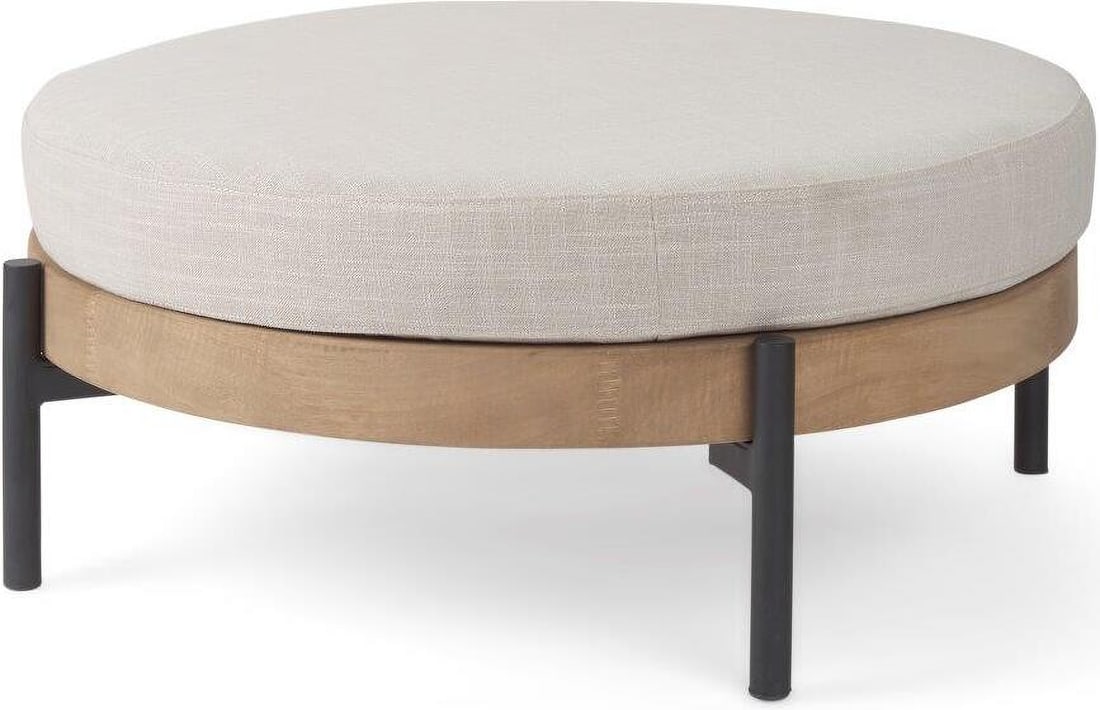 Colburne Cream Fabric With Brown Wood Round Ottoman: Colburne Cream Fabric With Brown Wood Round Ottoman There's nothing pretentious about this enticing furniture piece. A lovely combination of wood, metal and fabric collide to bring you the Colburne Ro