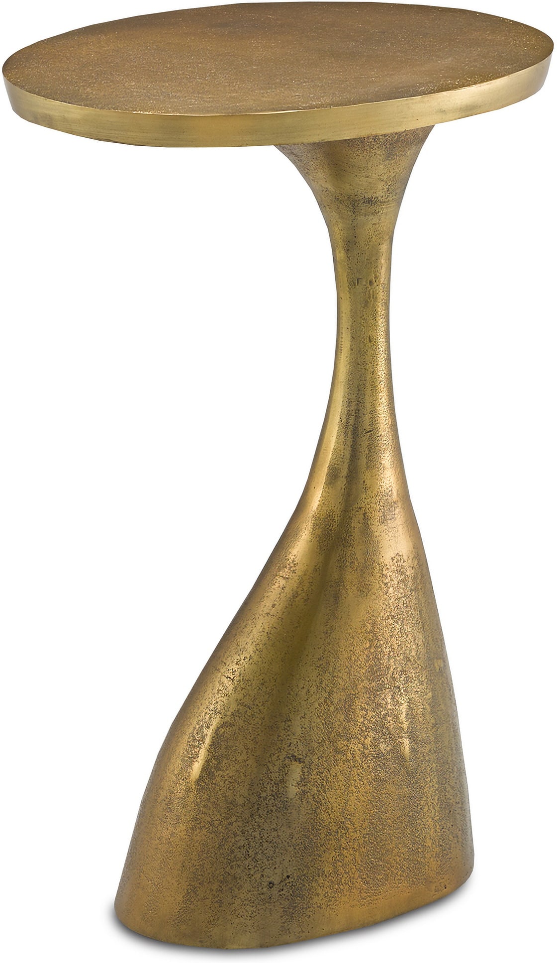 Ishaan Brass Accent Table: Ishaan Brass Accent Table The Ishaan Brass Accent Table Lifts An Oblong Tray Top On Its Organically Shaped Pedestal. The Gold Accent Table Is Made Of Cast Aluminum In An Antique Brass Finish. It Has A